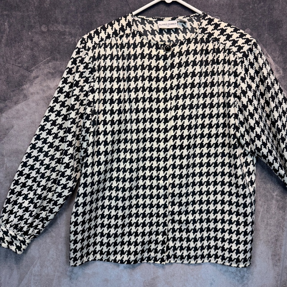 Alfred Dunner Blouse Womens 16 Black White Houndstooth Retro Career Office